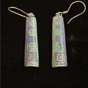 Sterling 950 Peru Blue and Green Natural Stone Dangle Earrings